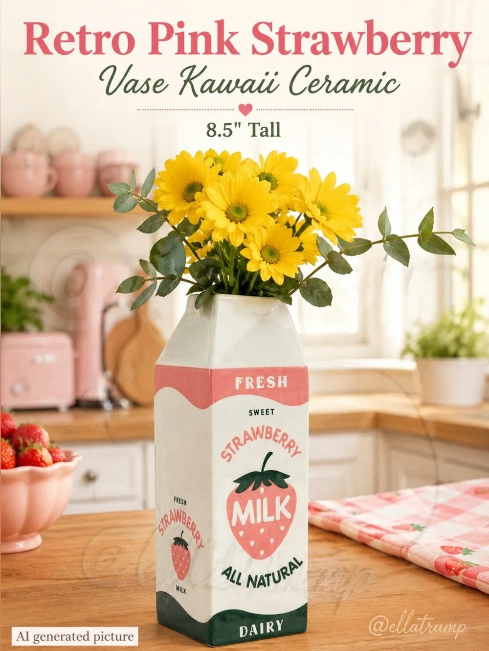 Bien Beau Retro Strawberry Milk Carton Vase Kawaii Ceramic Pink Decor 8.5